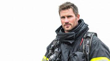 A man in a fire suit is standing in front of a white background photo