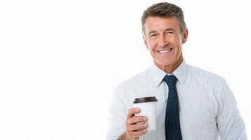 A man in a shirt and tie holding a coffee cup photo