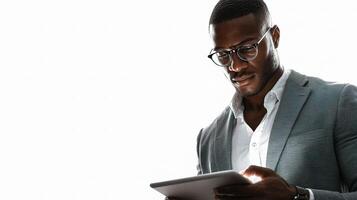 A man in glasses is using a tablet computer photo