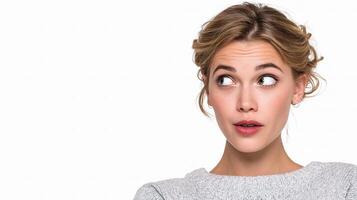 A woman is looking up with a surprised expression photo