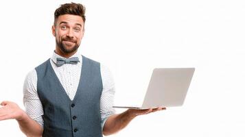 A man in a vest and tie holding a laptop photo