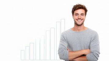 A man smiling with his arms crossed in front of a graph photo