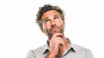 A man is looking up with his hand on his chin photo