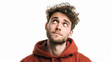 A man with curly hair wearing a red hoodie photo