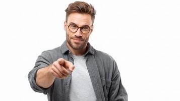 A man in glasses pointing at something photo