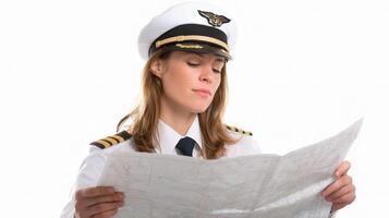 A woman in a pilot uniform is looking at a map photo
