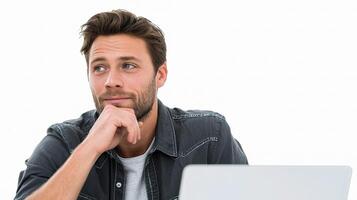 A man sitting in front of a laptop looking up photo