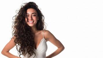A woman with long curly hair posing for the camera photo