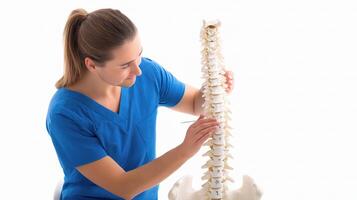 A woman in blue scrubs is examining a model of the spine photo