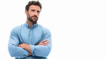 A man with a beard and shirt standing with his arms crossed photo