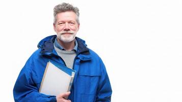 A man in a blue jacket holding a folder photo