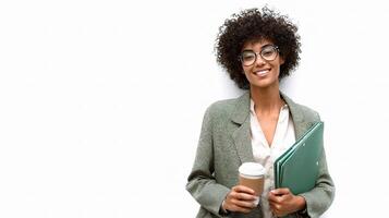 A woman with glasses and a green folder holding a coffee cup photo