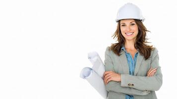 A woman in a hard hat and suit holding blueprints photo
