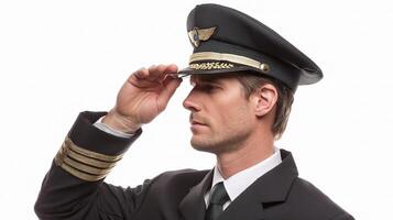 A man in a pilot's uniform adjusting his hat photo