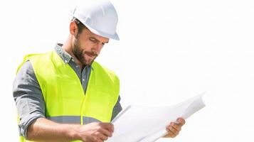 A man in a hard hat and vest holding a piece of paper photo