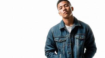 A young man in a denim jacket and jeans photo