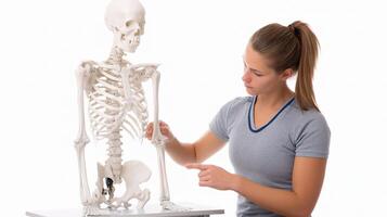 A woman is pointing at a skeleton on a table photo