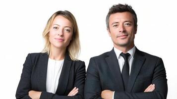 A man and woman in business attire standing together photo