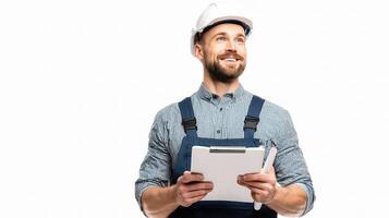 A man in overalls holding a clipboard and smiling photo