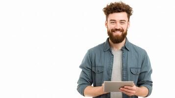 A man with a beard and a blue shirt is holding a tablet photo