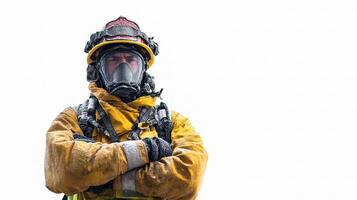 A firefighter in a gas mask and helmet photo