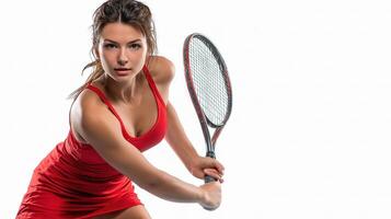 Tennis player in red dress holding racket photo