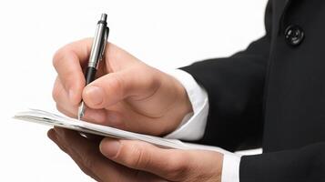 A man in a suit holding a pen and writing in a notebook photo