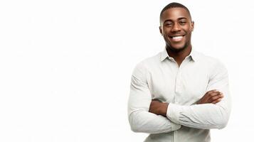 A smiling black man in a white shirt photo