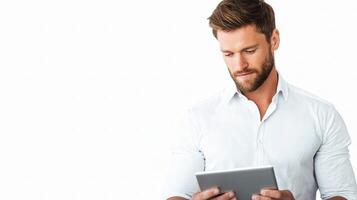 A man in a white shirt is holding a tablet photo