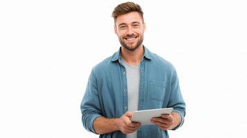 A man is holding a tablet computer photo