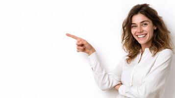 A woman pointing at something on a white background photo