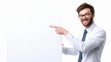 A man in a shirt and tie pointing at a blank board photo