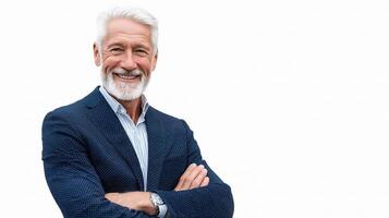 A man with a white beard and a blue suit photo