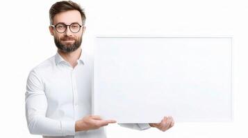 A man with glasses holding a blank board photo