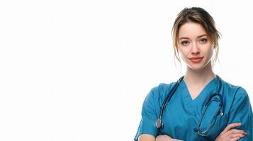 A woman in a blue scrub suit is smiling photo