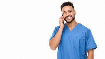 A smiling man in blue scrub suit talking on a cell phone photo