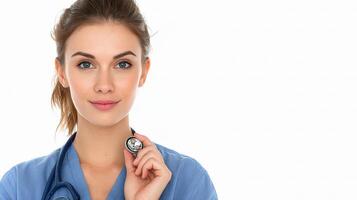 A woman in a blue uniform is holding a stethoscope photo