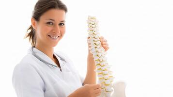 A woman in a white coat holding a model of the spine photo