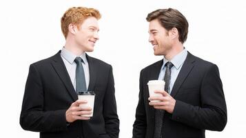 Two men in suits holding coffee and talking photo