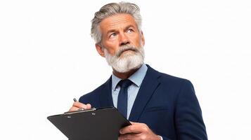 A man with a beard and suit holding a clipboard photo
