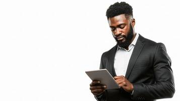 A man in a suit is holding a tablet photo