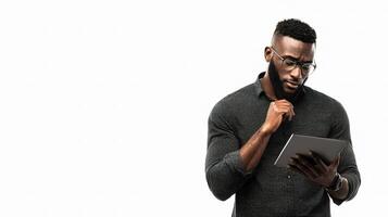 A man with glasses is holding a tablet photo