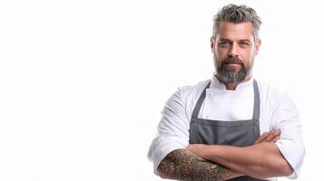 A man with a beard and tattoos standing with his arms crossed photo