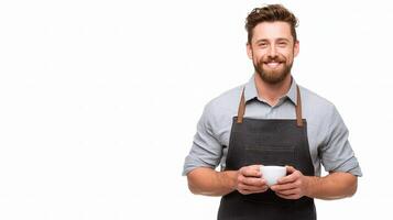 A man with an apron holding a cup of coffee photo
