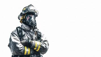 A firefighter in a gas mask standing with his arms crossed photo