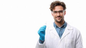 A man in a lab coat holding a test tube photo