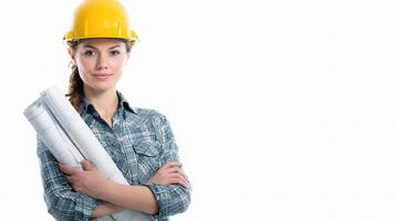 A woman in a hard hat holding blueprints photo