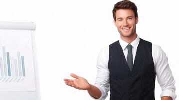 A man in a suit and tie is standing next to a whiteboard photo