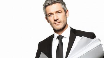 A man in a suit and tie holding papers photo