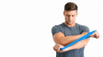 A man is holding a blue bandage to his arm photo